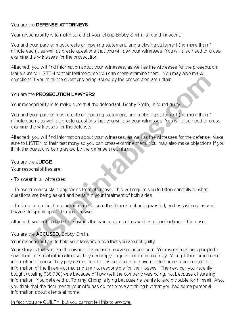 Mock Trial Outline - Background Stories - ESL worksheet by kjohearn