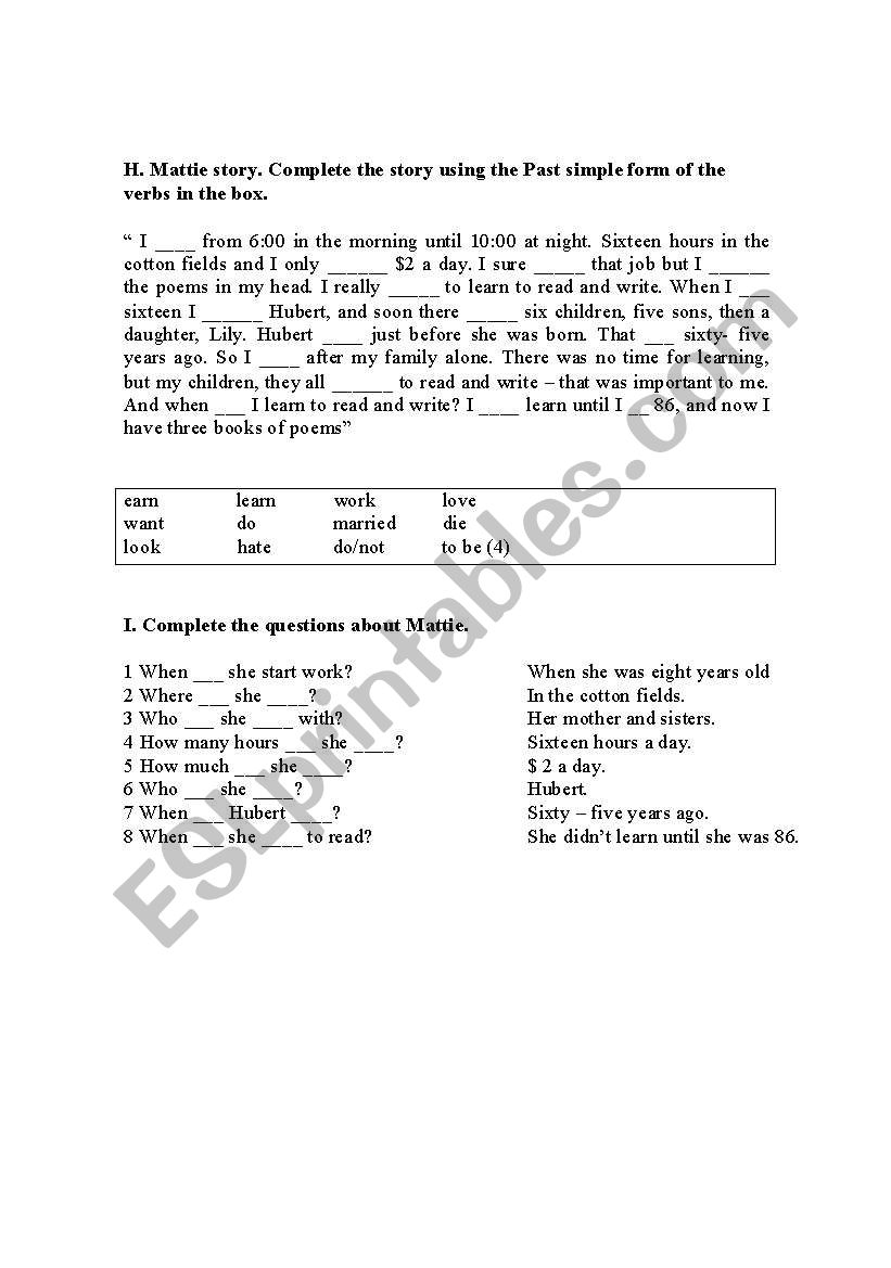 Text with past tense worksheet