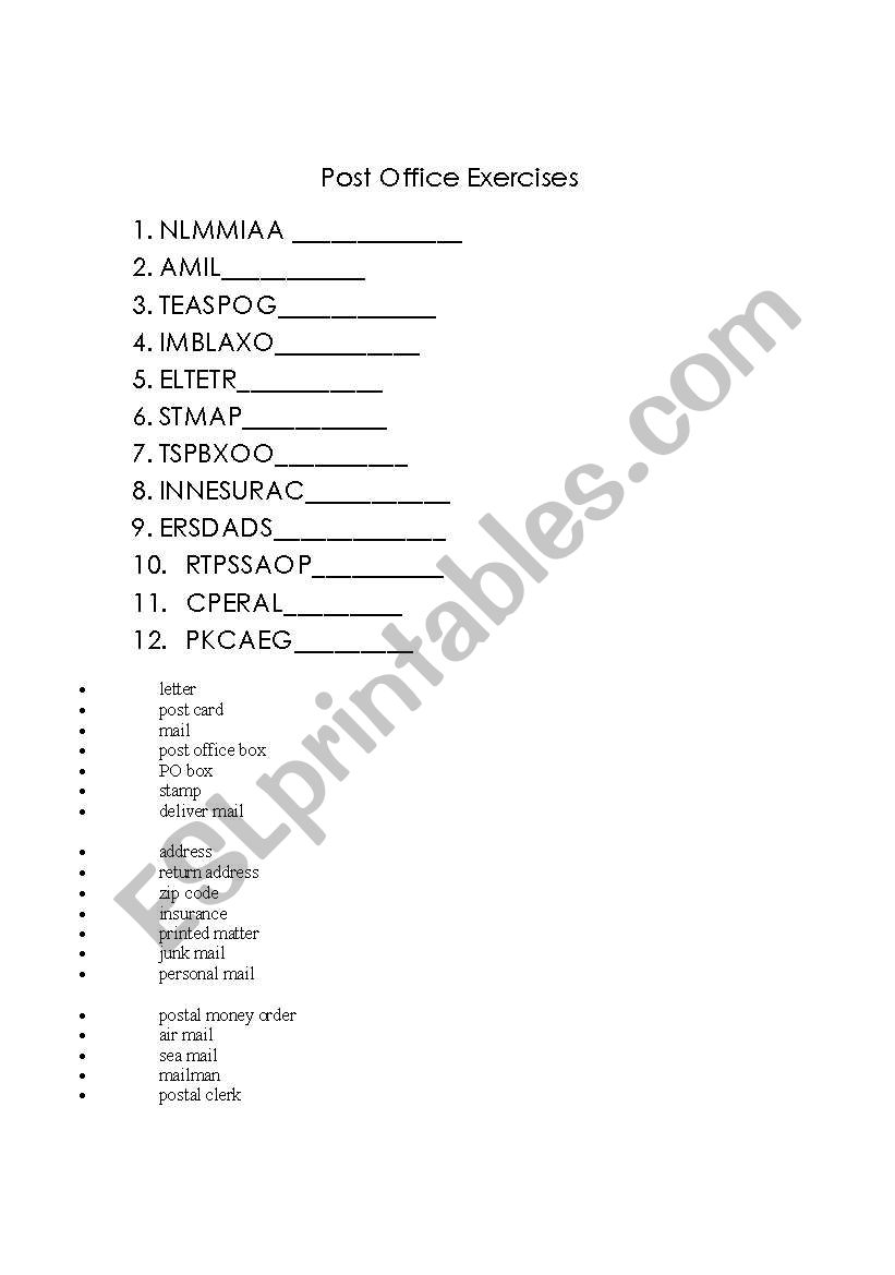 Post office word scramble and relative phrase practice