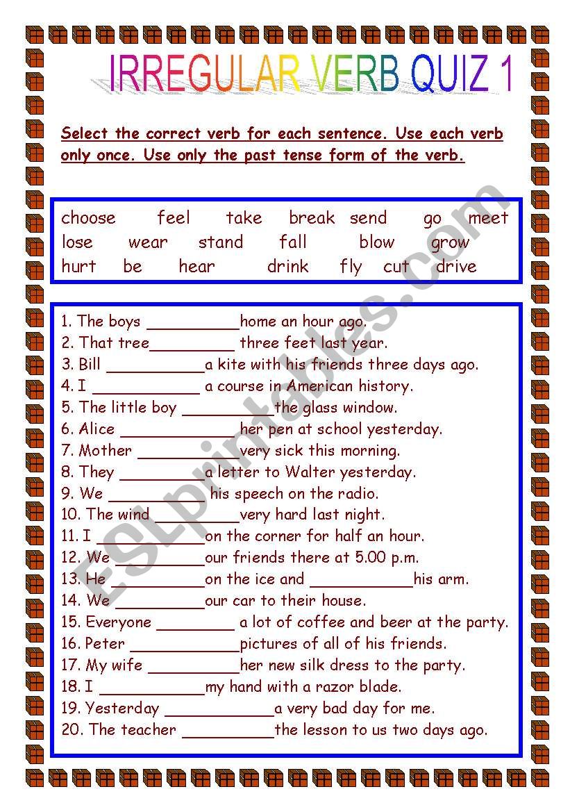 IRREGULAR  VERB  QUIZE 1 worksheet