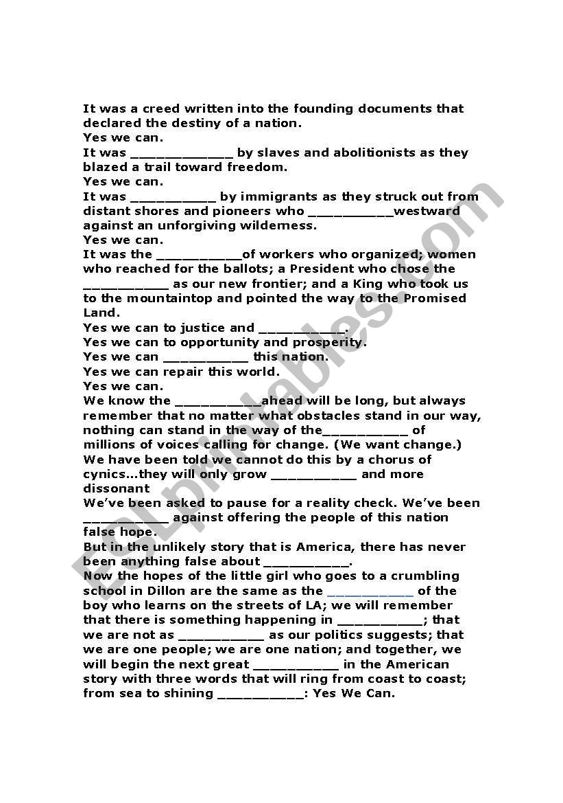 Yes We Can Lyrics worksheet