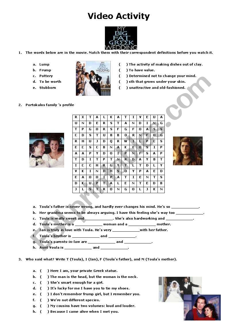 MY BIG FAT GREEK WEDDING worksheet