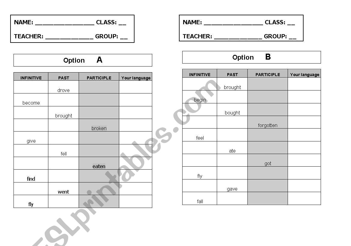 Irregular verbs test worksheet