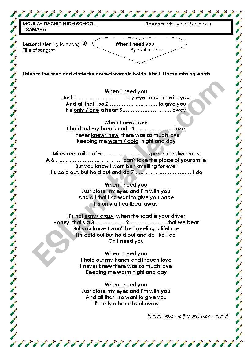 Song: when i need you  worksheet