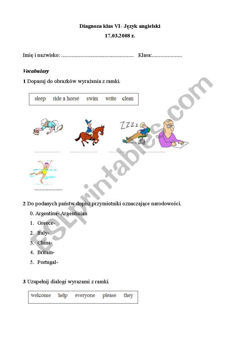 diagnostic test; 6th grade primary