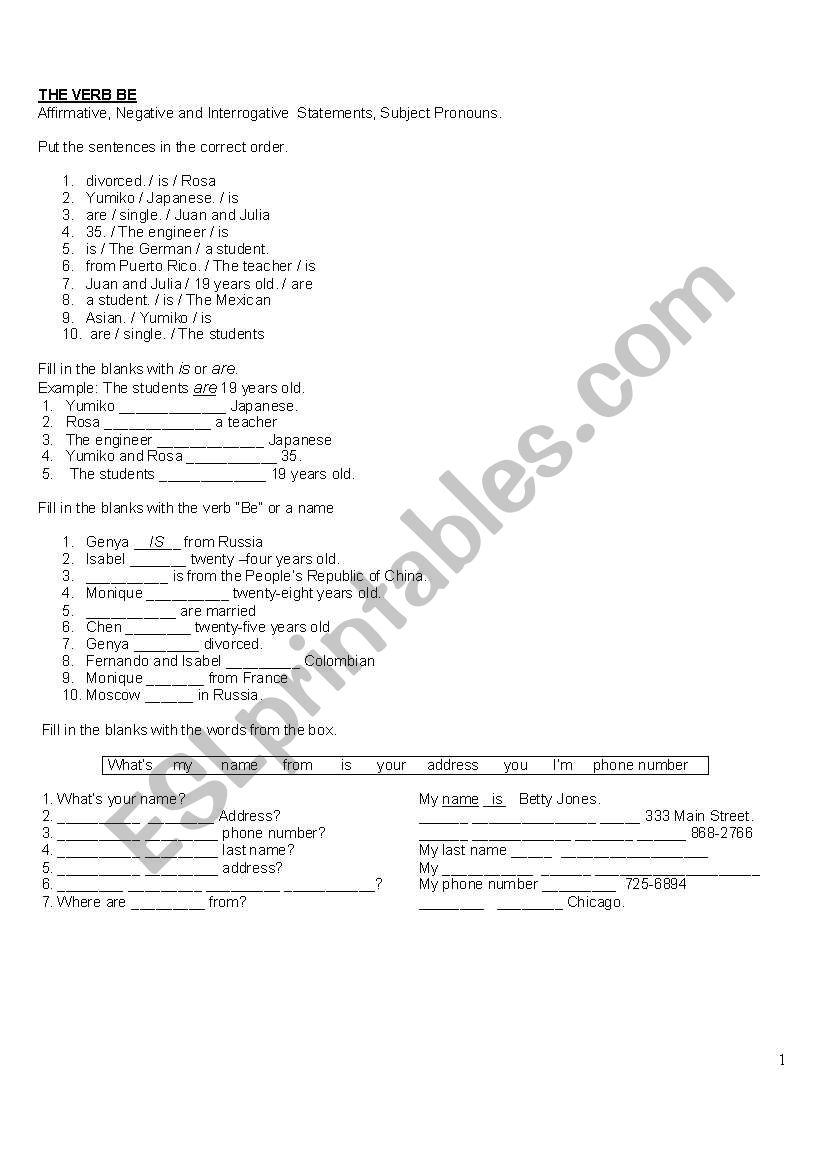 The verb  to BE worksheet