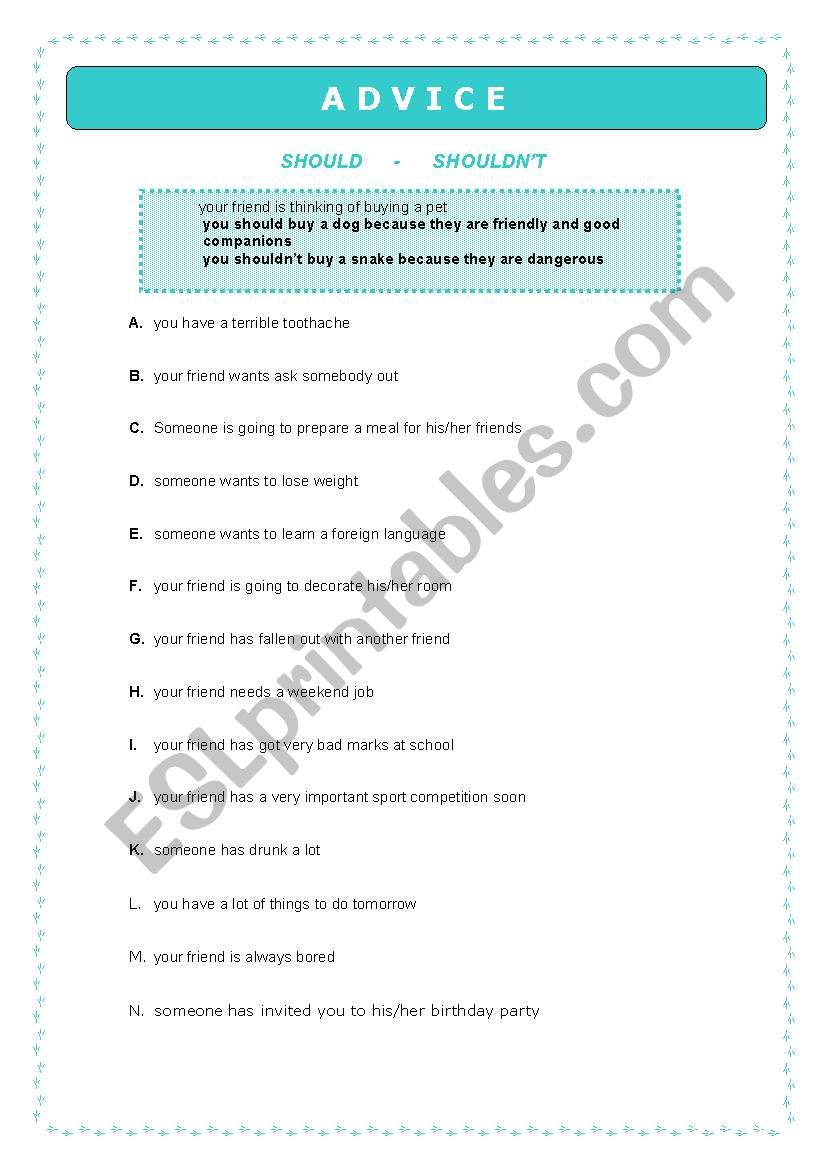 Modal Verbs - Advice worksheet