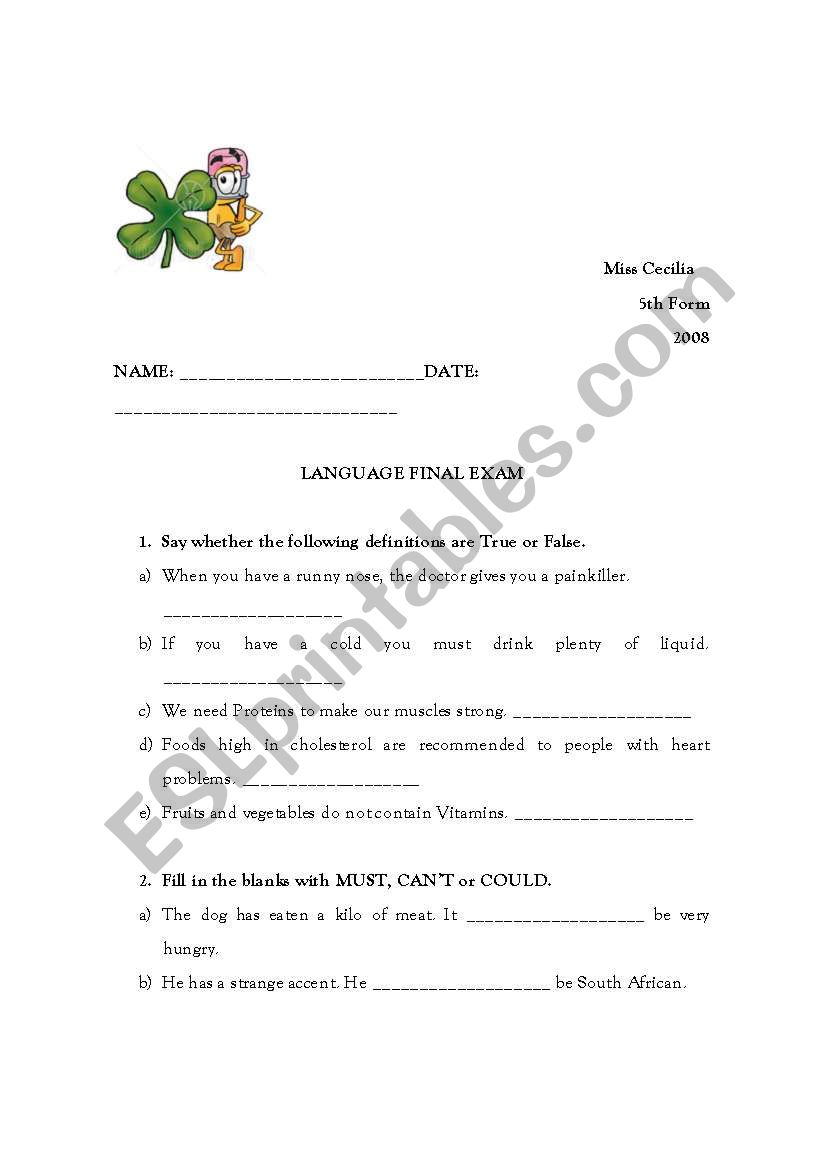 Language final exam worksheet