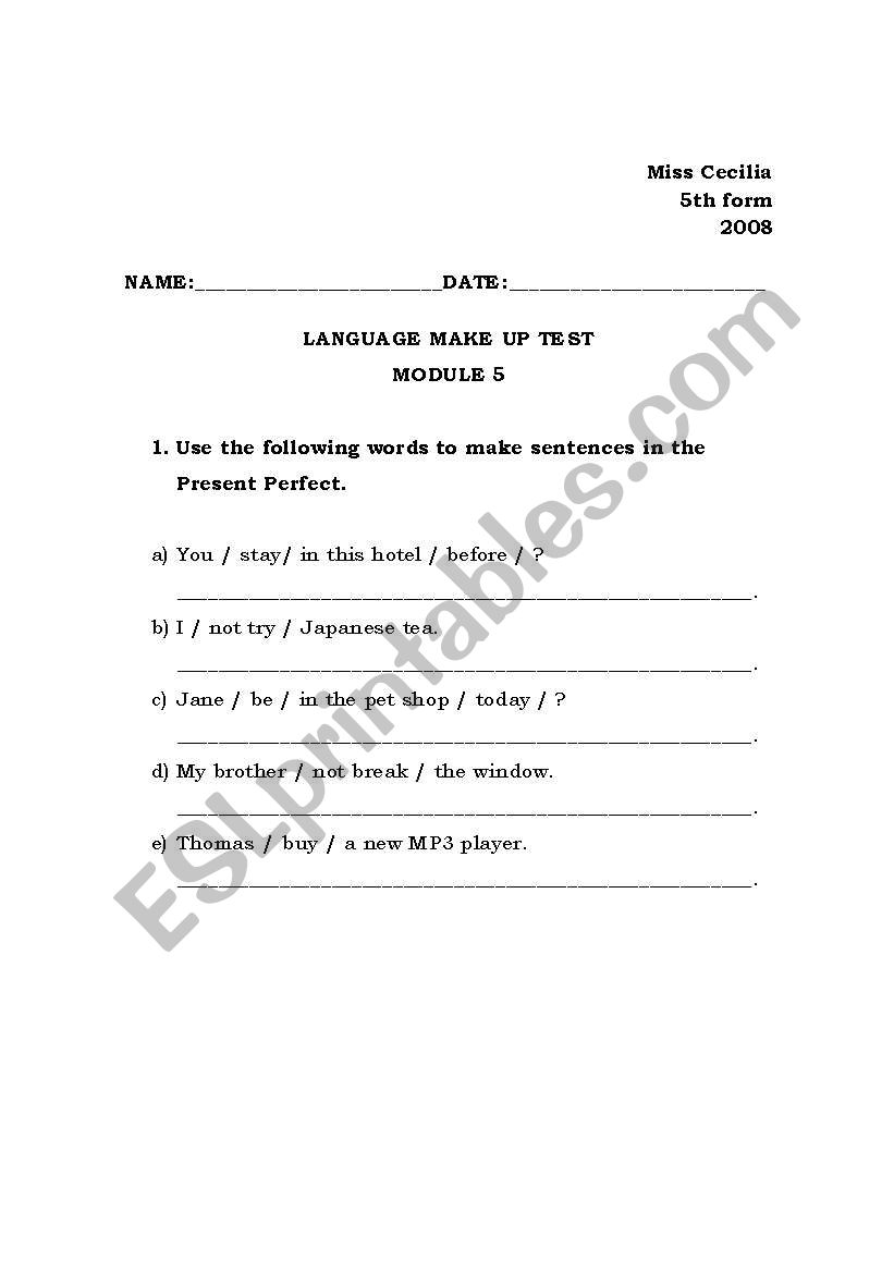 Present perfect test worksheet