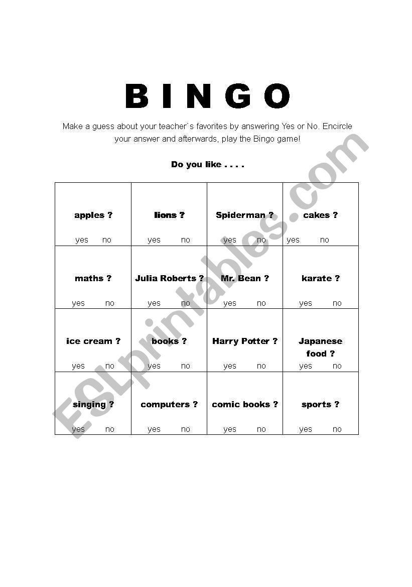 BINGO GUESSING GAME worksheet