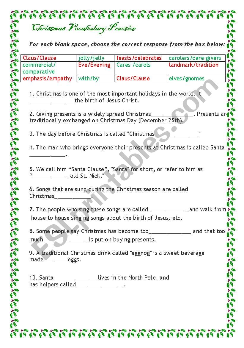 Christmas Vocabulary Gap Fill Exericise