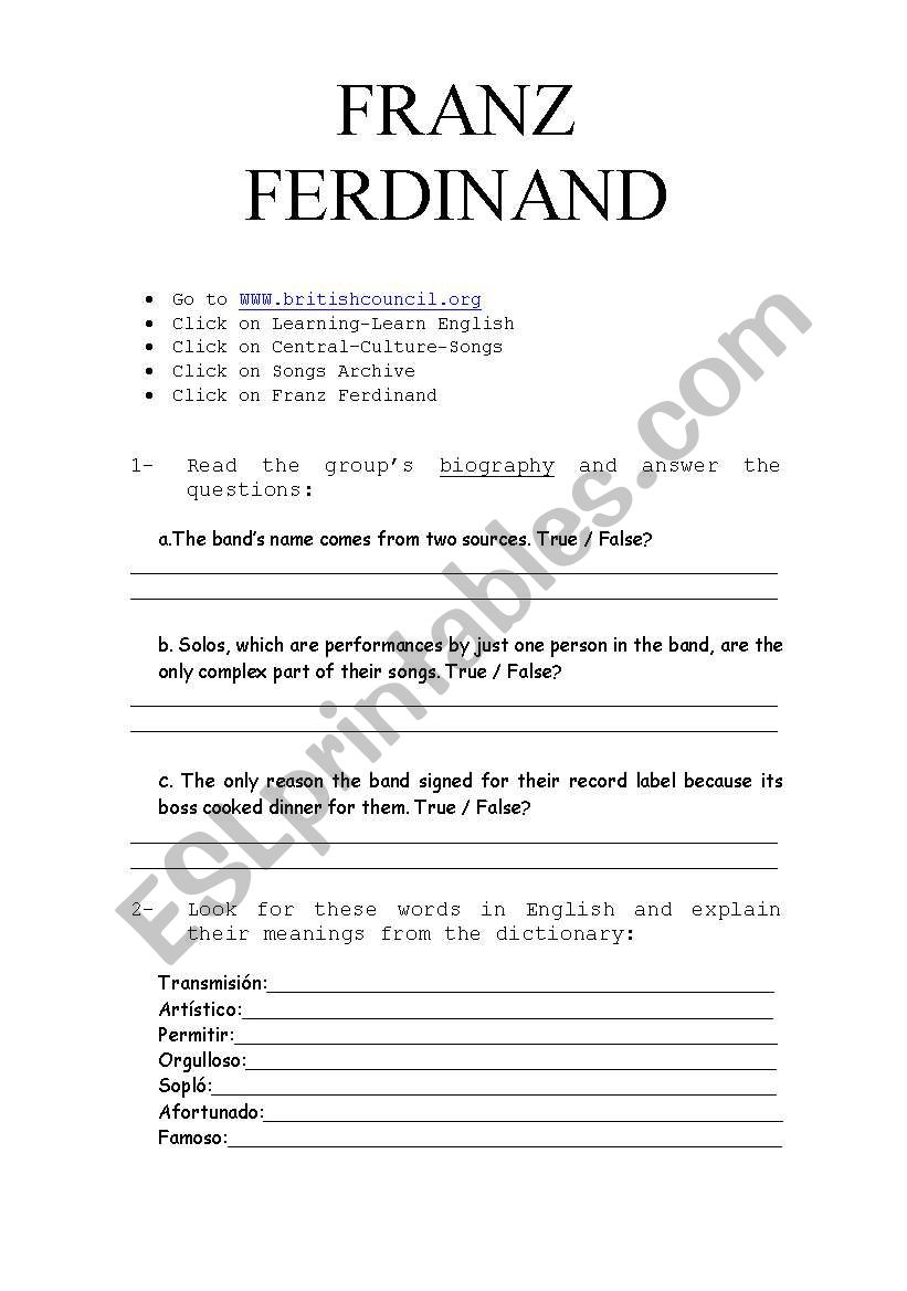 Franz Ferdinand exercises worksheet