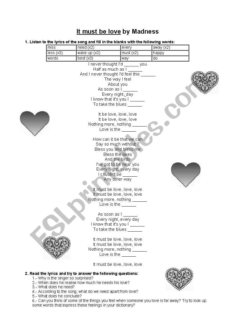 It must be love by Madness worksheet