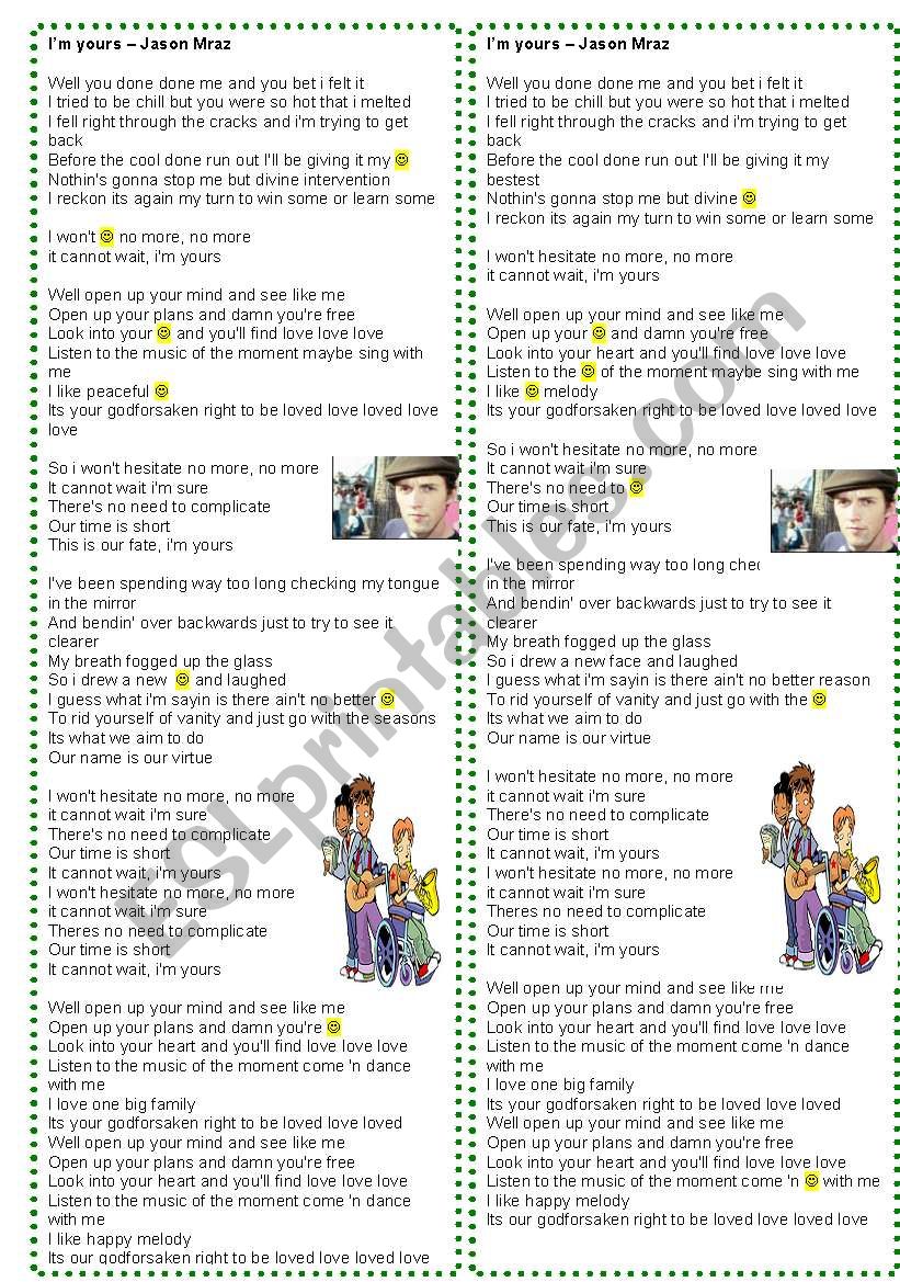 Song: Im yours - Jason Mraz worksheet