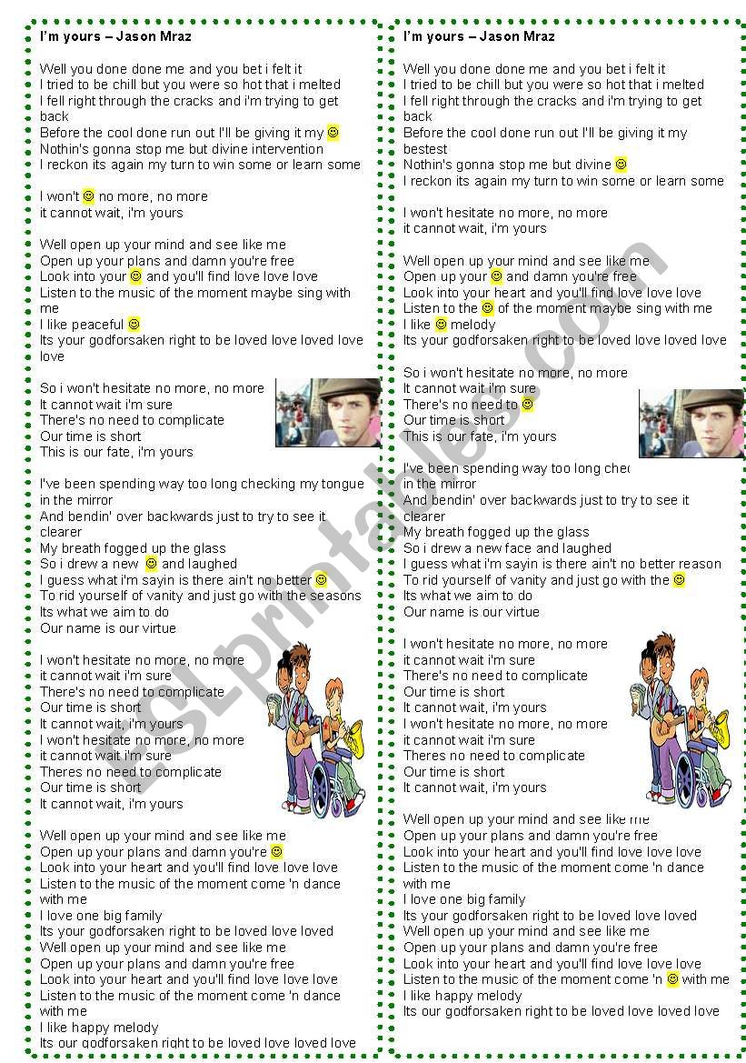 Song: IÂ´m yours - Jason Mraz worksheet