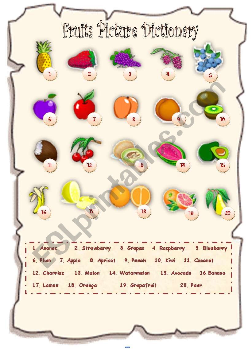 Fruits Picture Dictionary worksheet