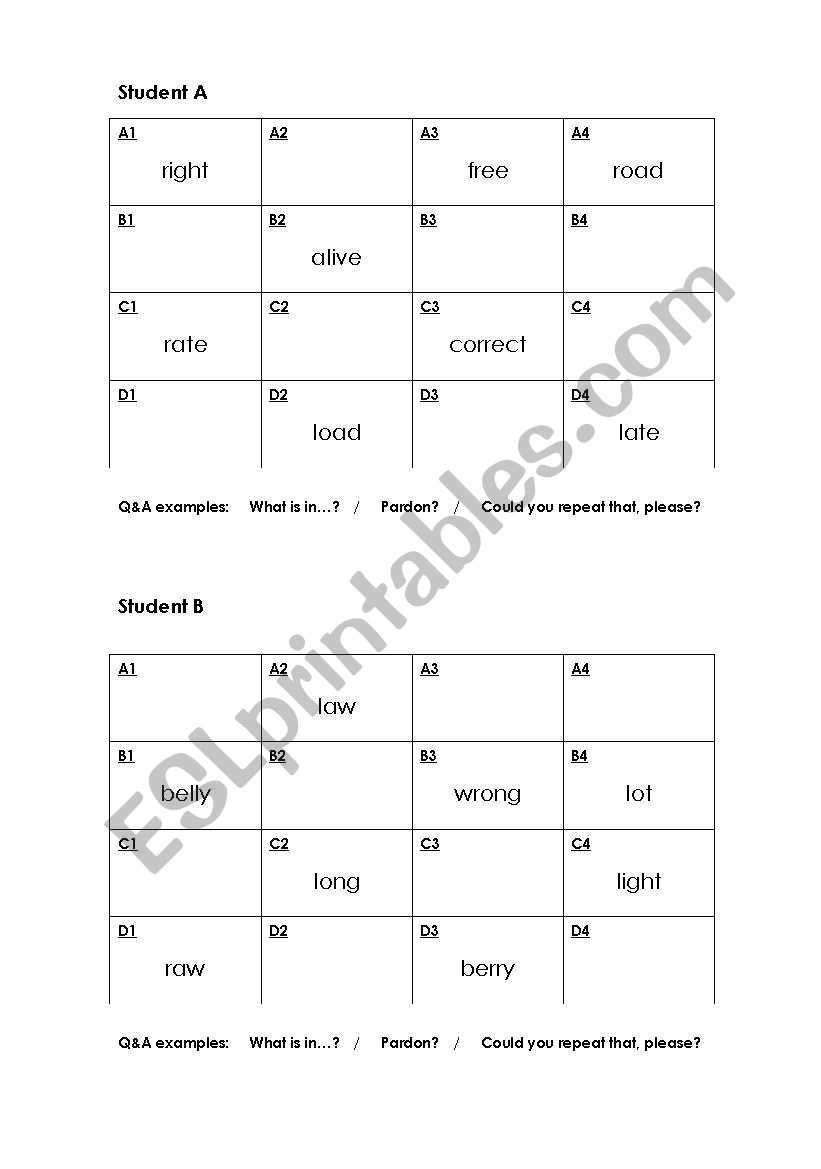 Pronunciation pair work for r/l