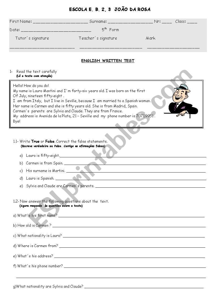 Written test worksheet