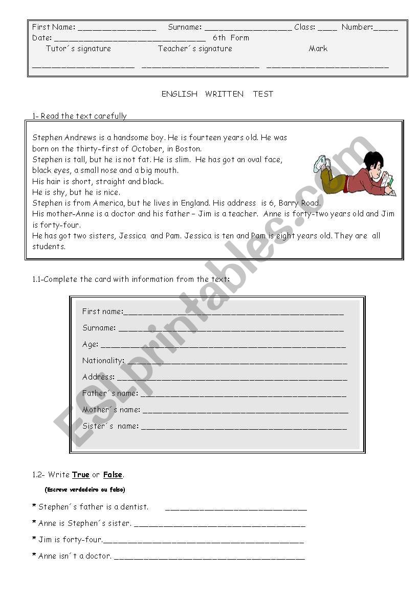 Written test worksheet