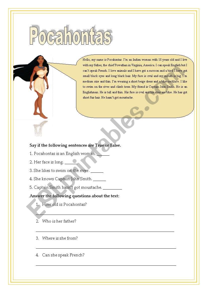 Pocahontas worksheet