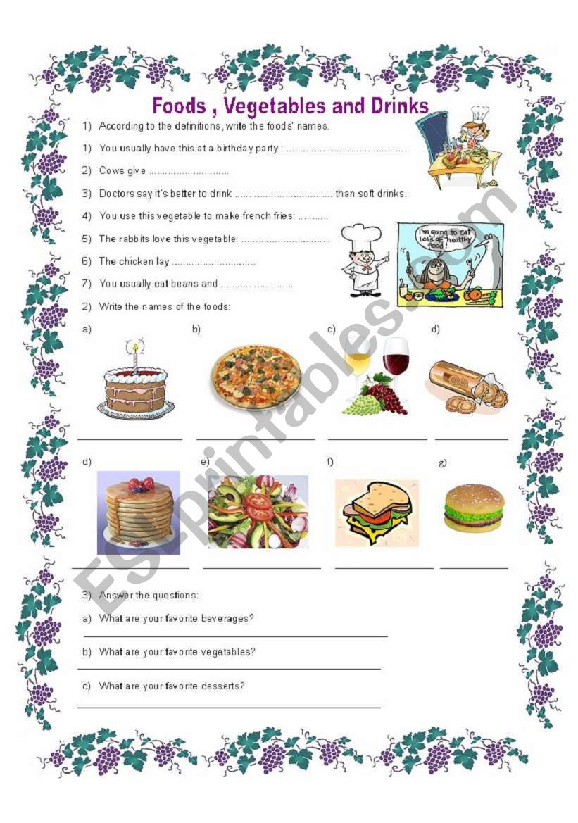 Foods, vegetables and drinks. worksheet