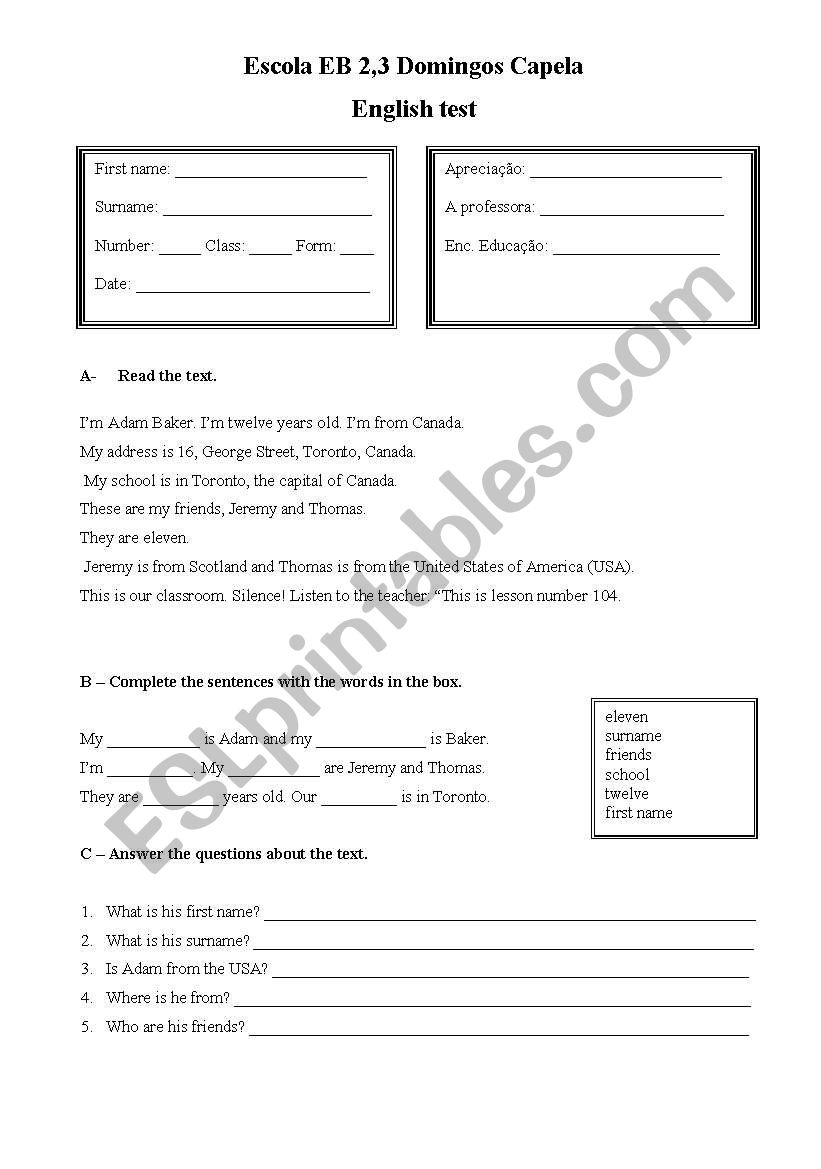 English test worksheet