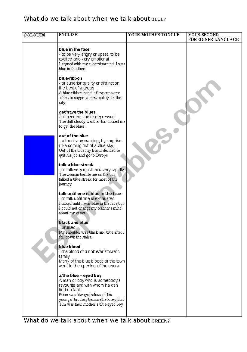 idiom about colour worksheet