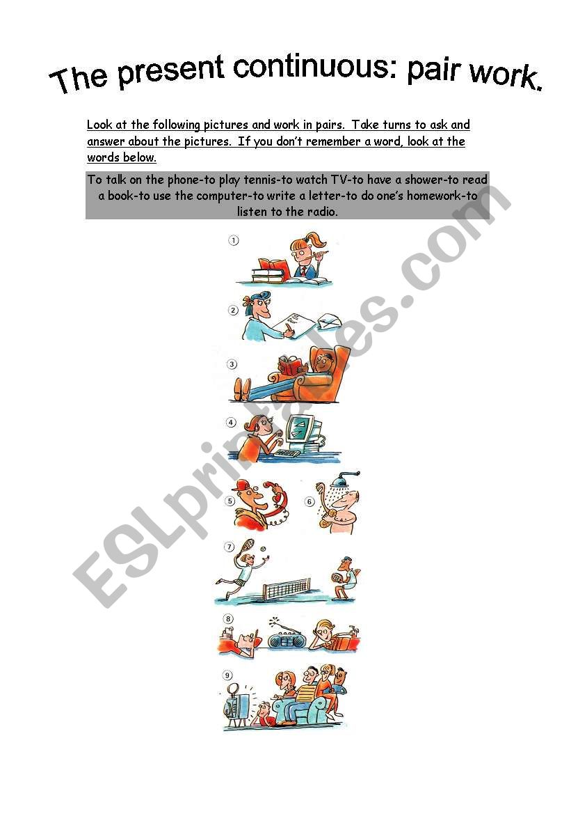 Pair work about the present continuous