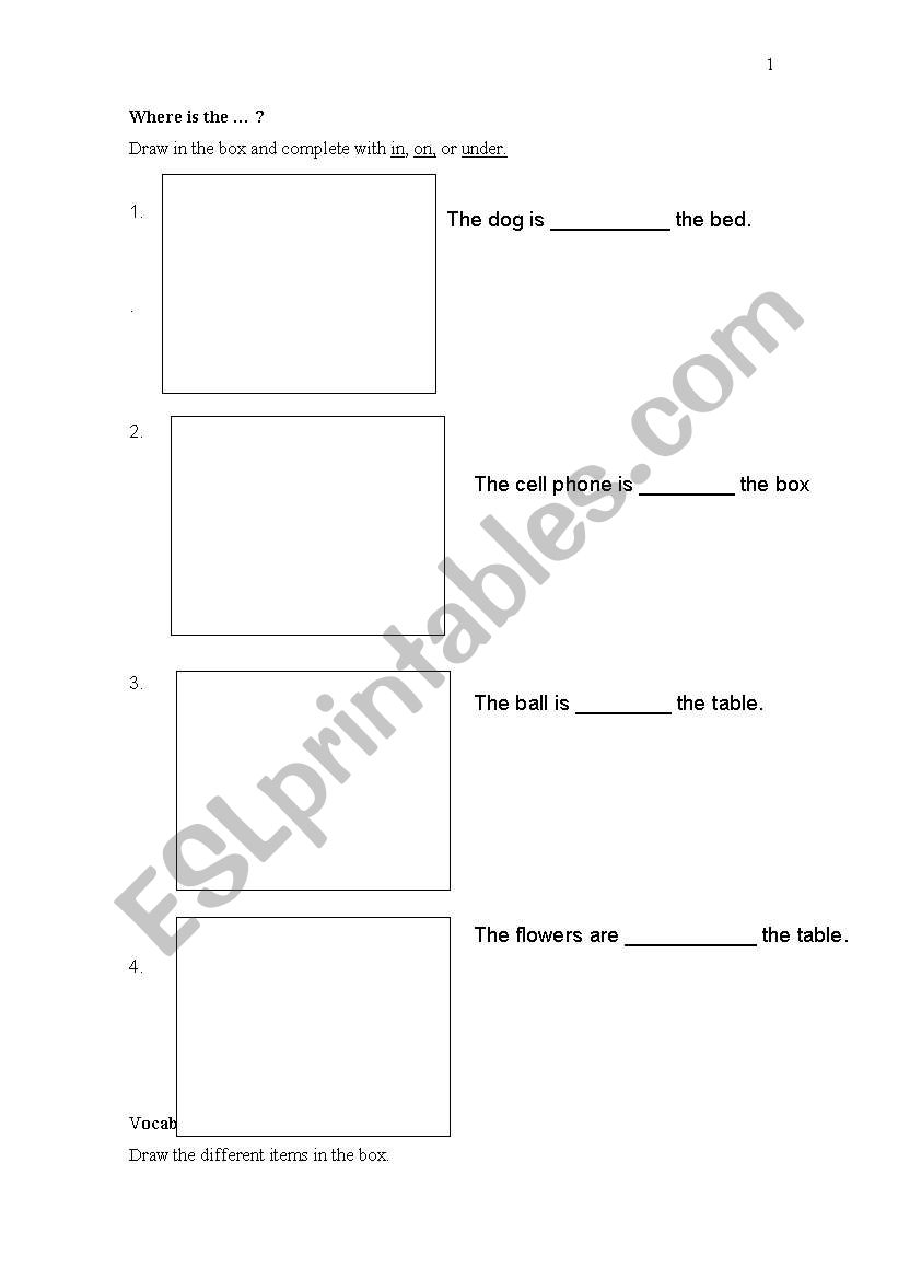 in, on, under + vocabulary worksheet