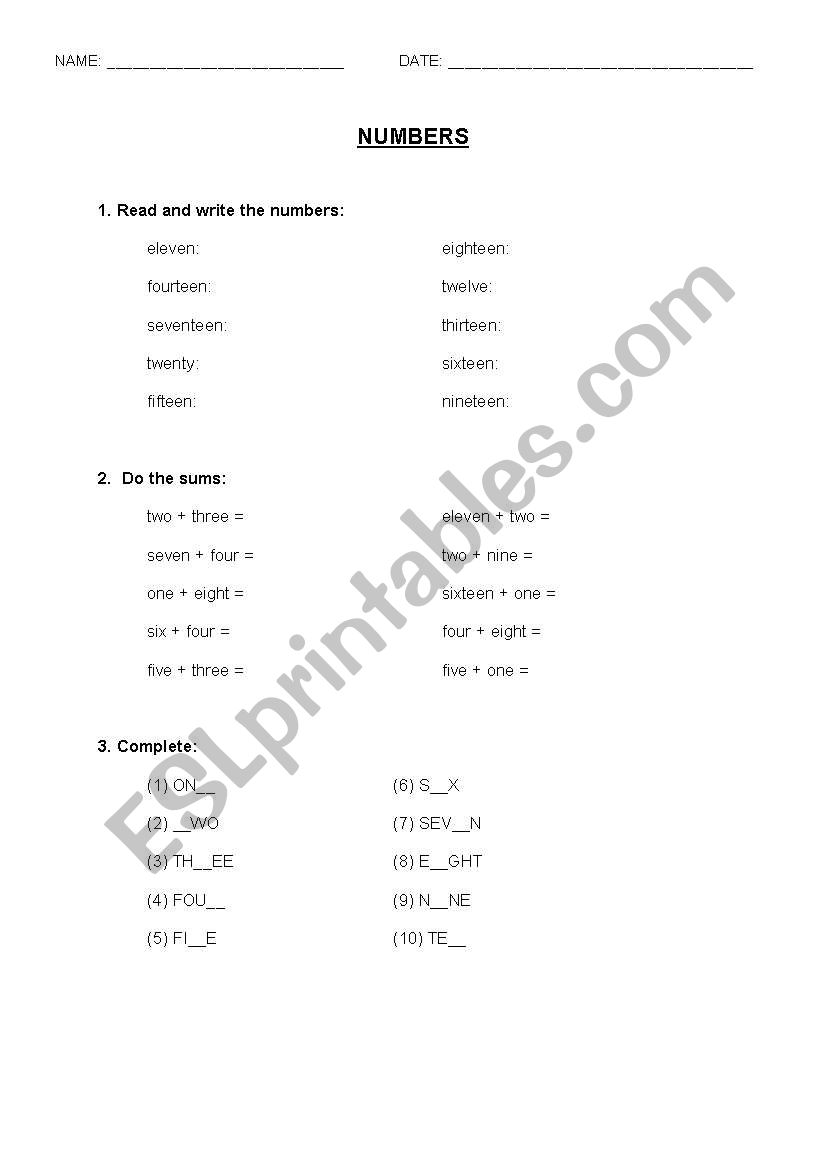 NUMBERS worksheet