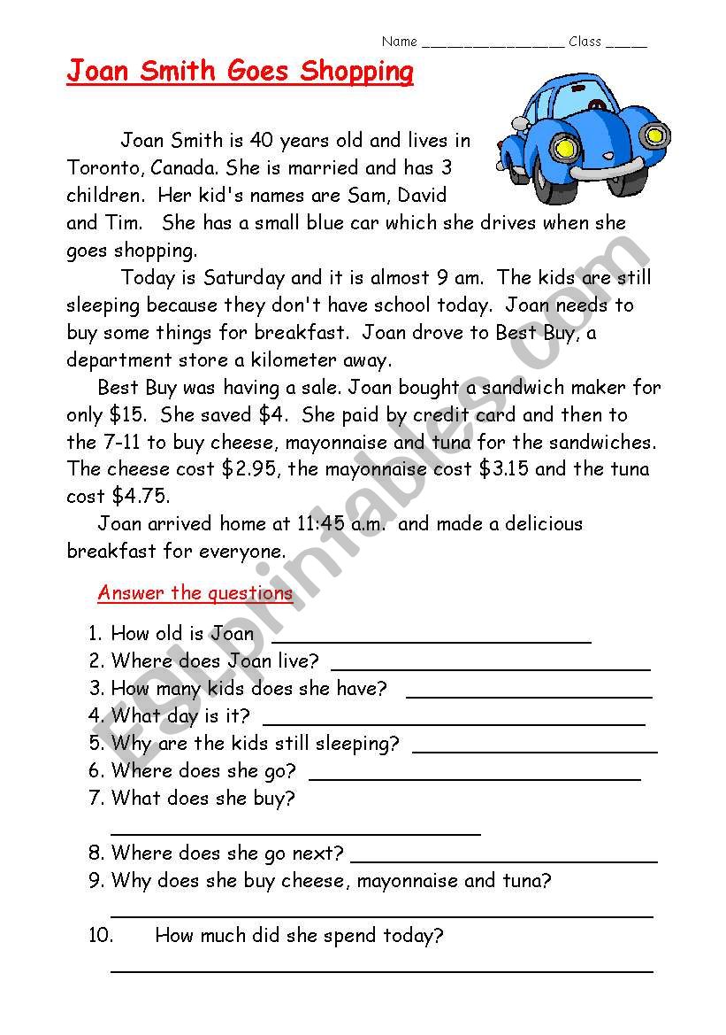 Easy reading worksheet