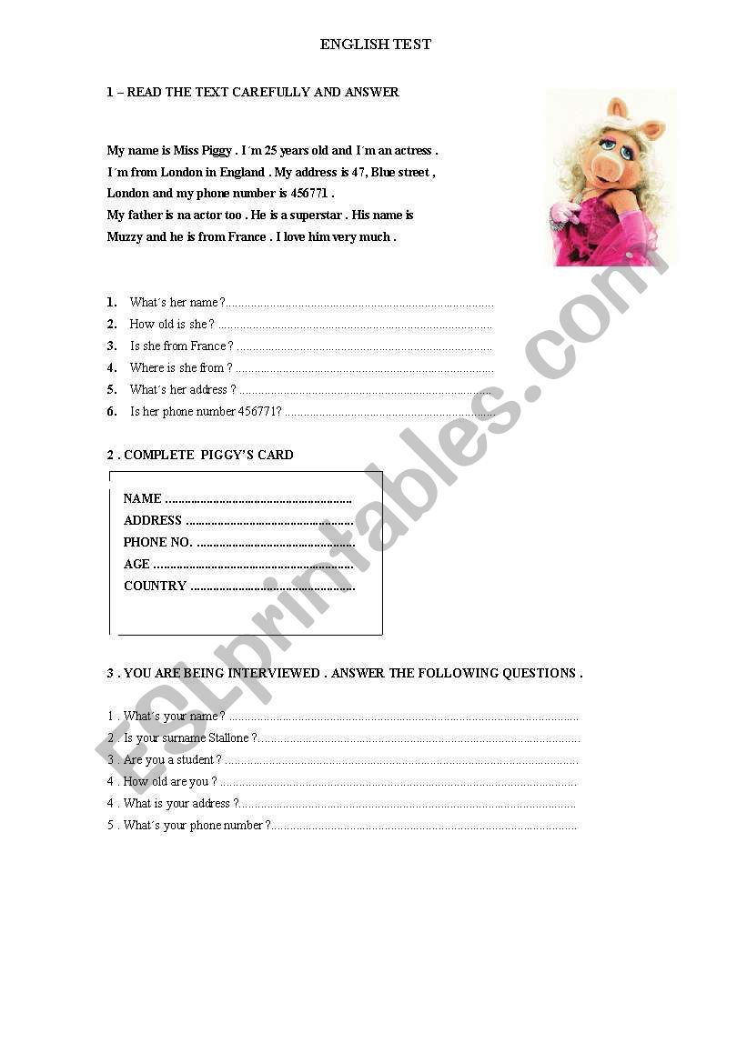 Miss Piggy worksheet