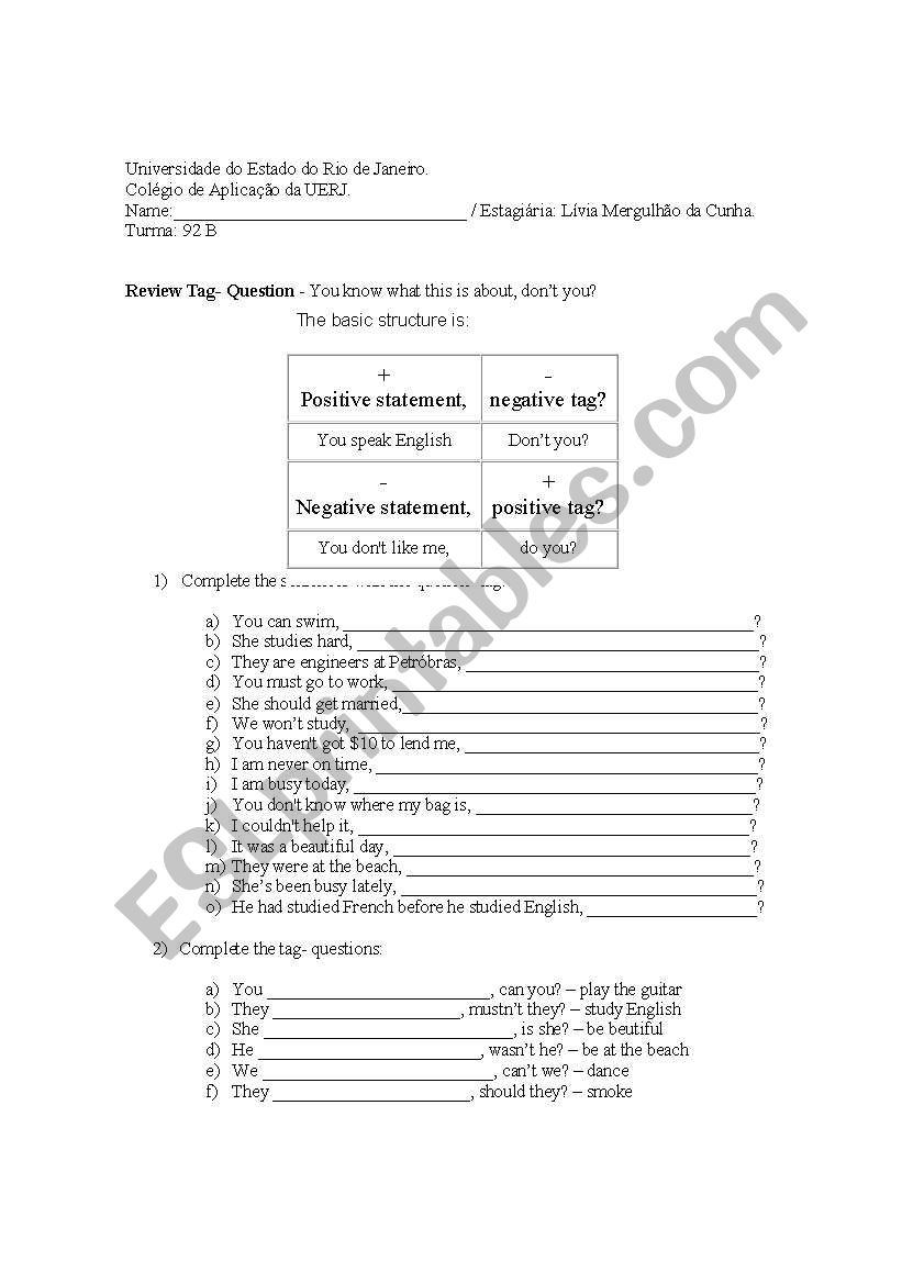 Tag Question Review Exercise worksheet