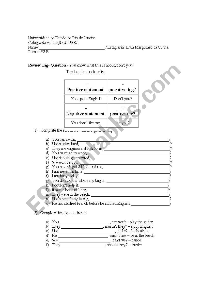 Tag Question Review Exercise worksheet