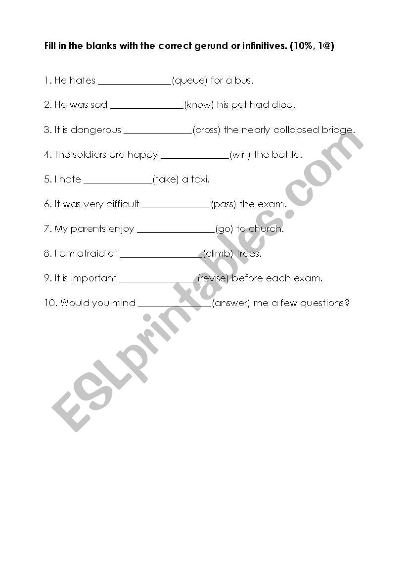 Infinitive and gerund worksheet