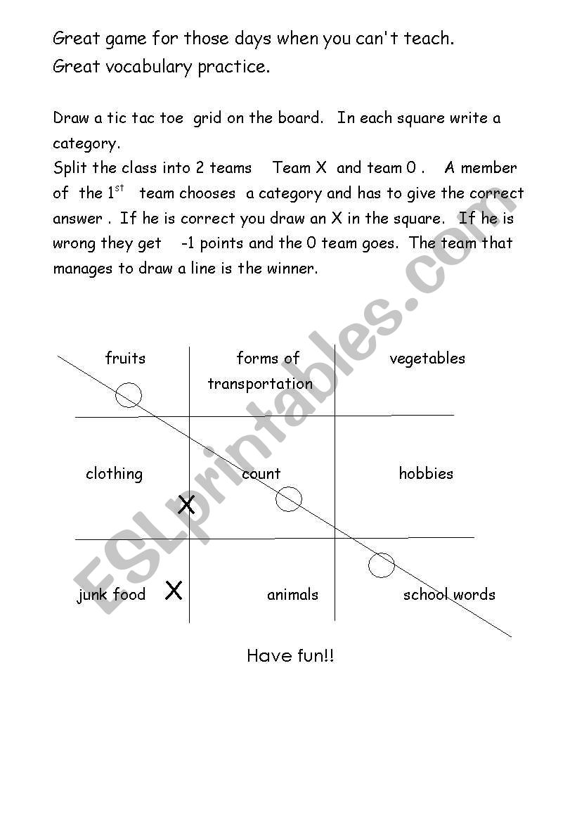 tic tac toe - vocabulary game worksheet
