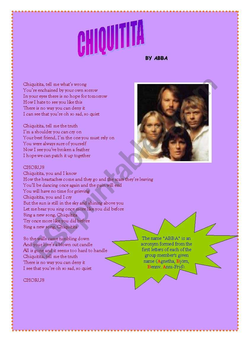 Song...Chiquitita, by ABBA worksheet