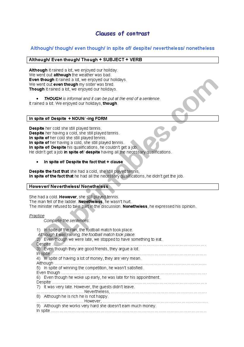 Clauses of contrast worksheet