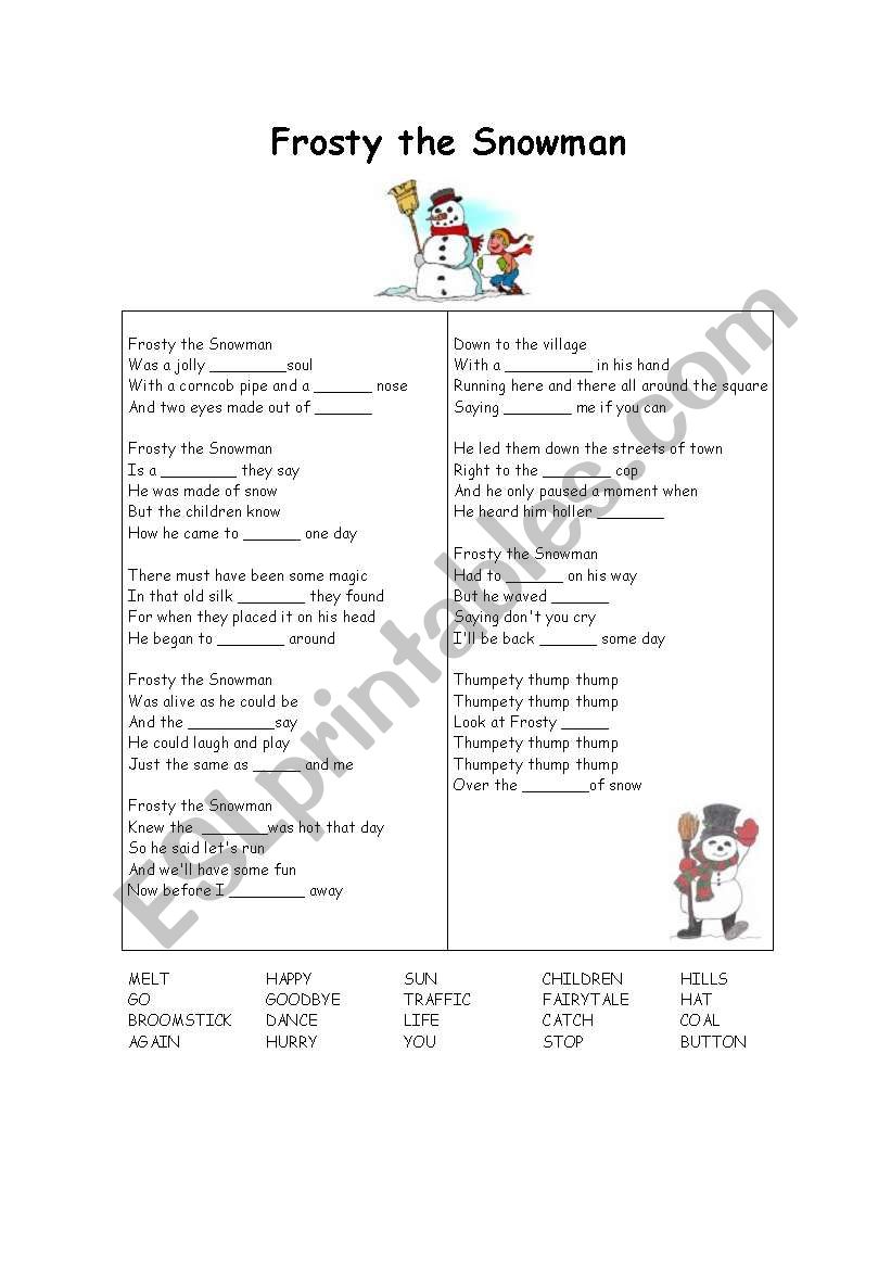 FROSTY THE SNOWMAN GAP FILL worksheet