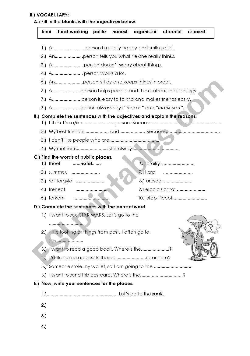 adjectives, public places worksheet