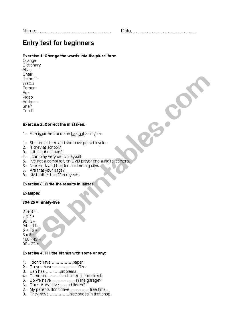 Entry test worksheet