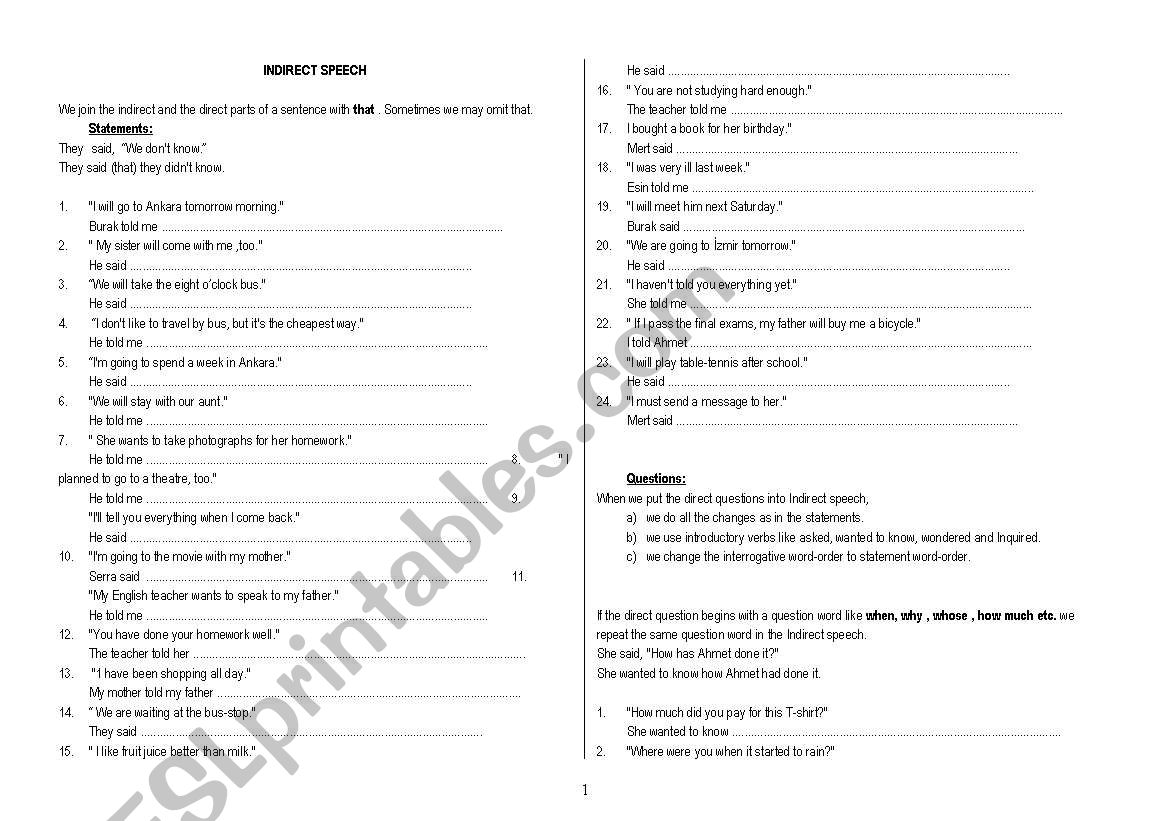 Reported Speech Indirect Speech Exercises