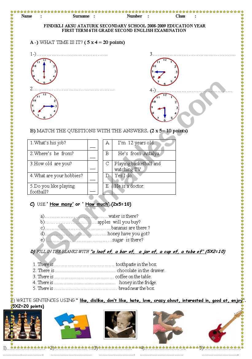 exam worksheet