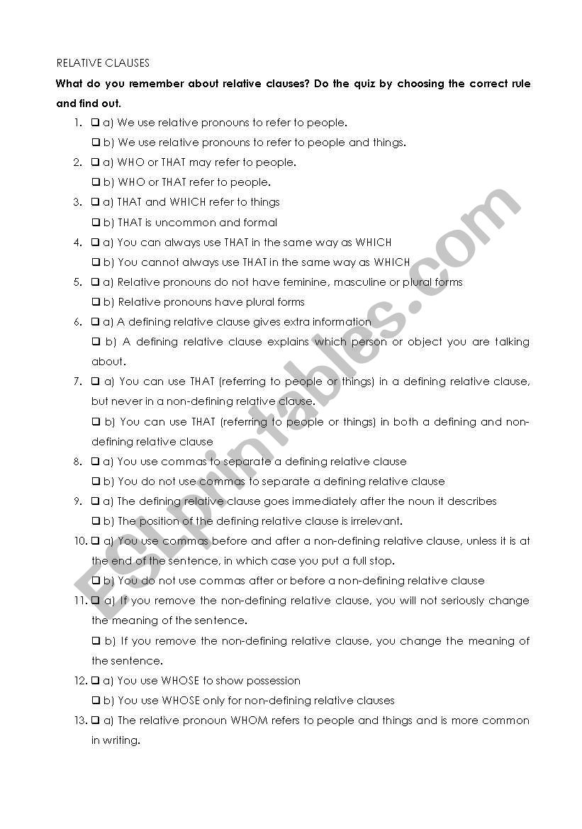 Relative Clauses worksheet