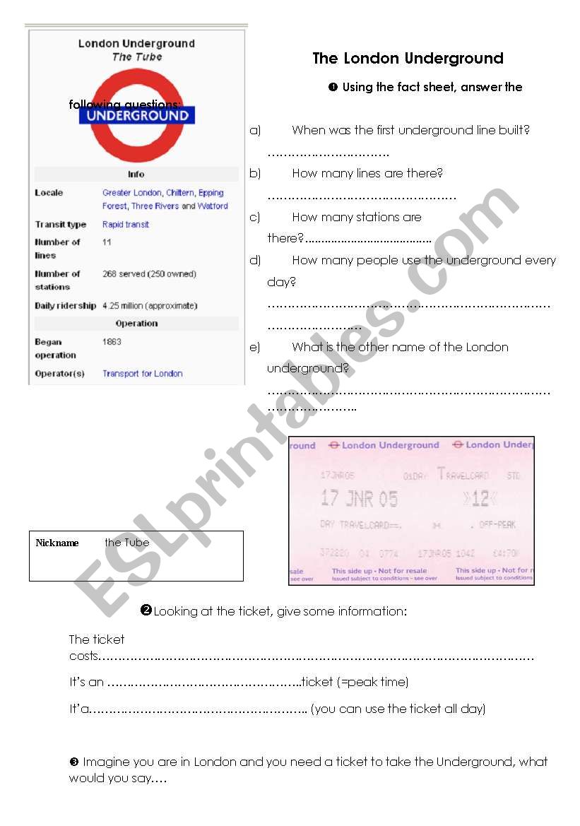 the London underground worksheet