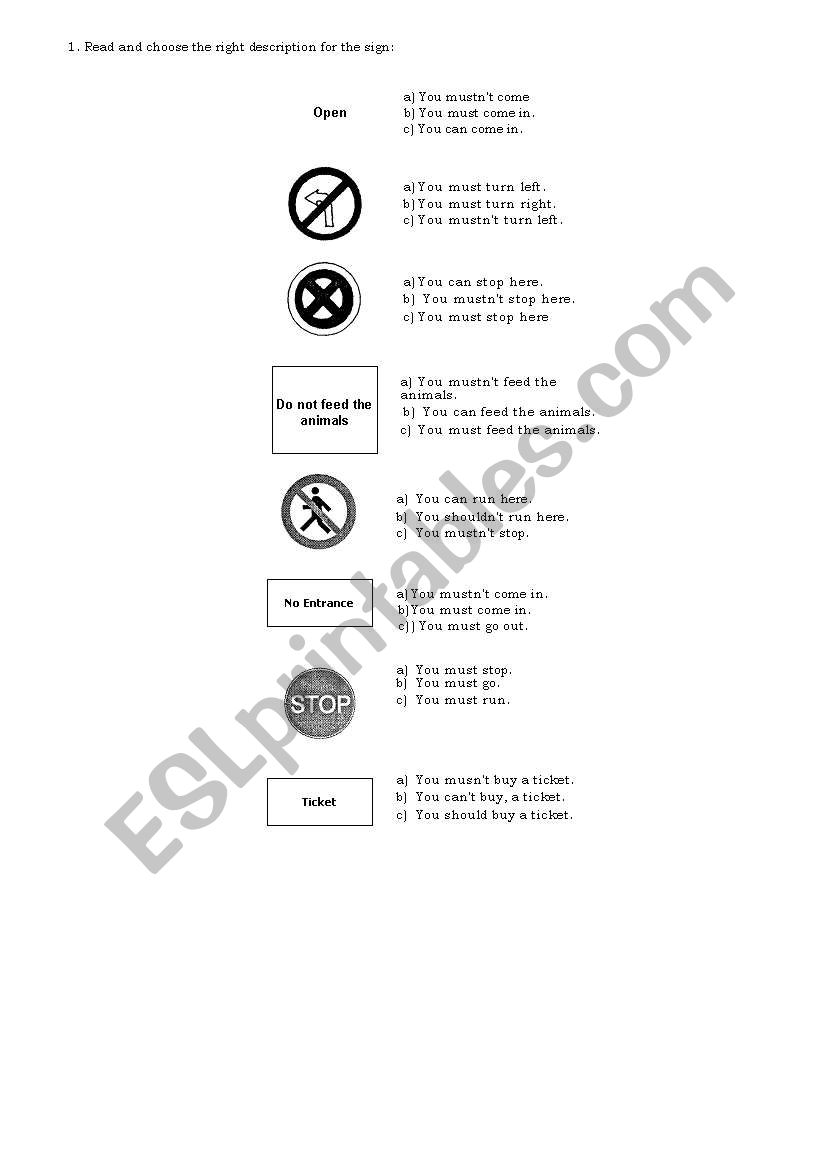 modals/traffic signs worksheet