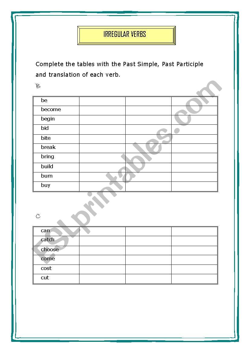 Irregular verbs worksheet