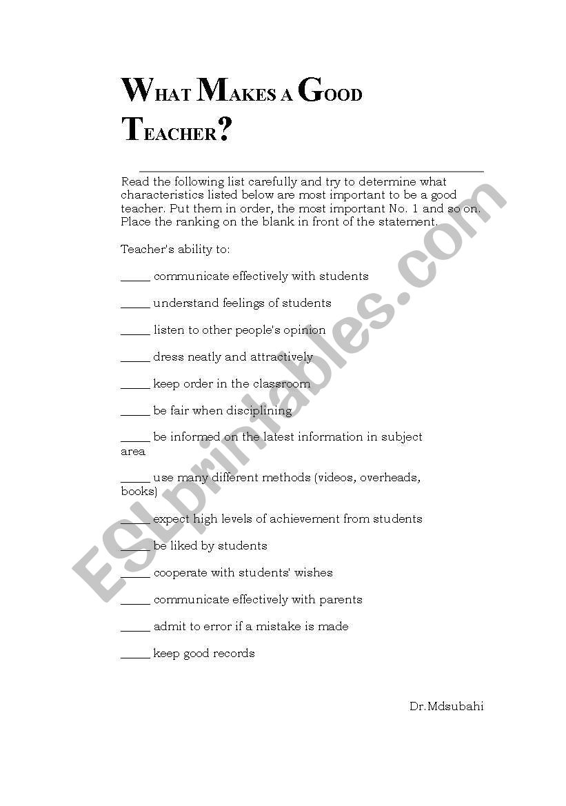 WHAT MAKES A GOOD TEACHER?  worksheet