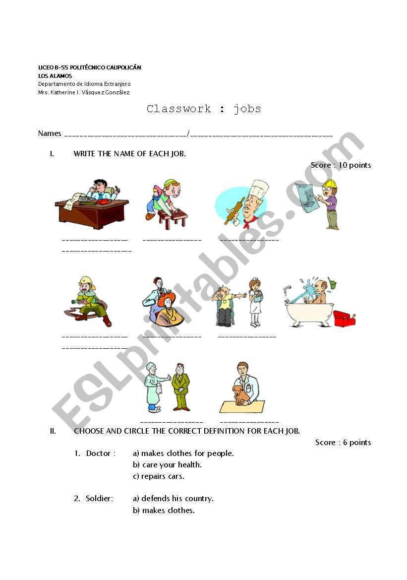 jobs classwork worksheet
