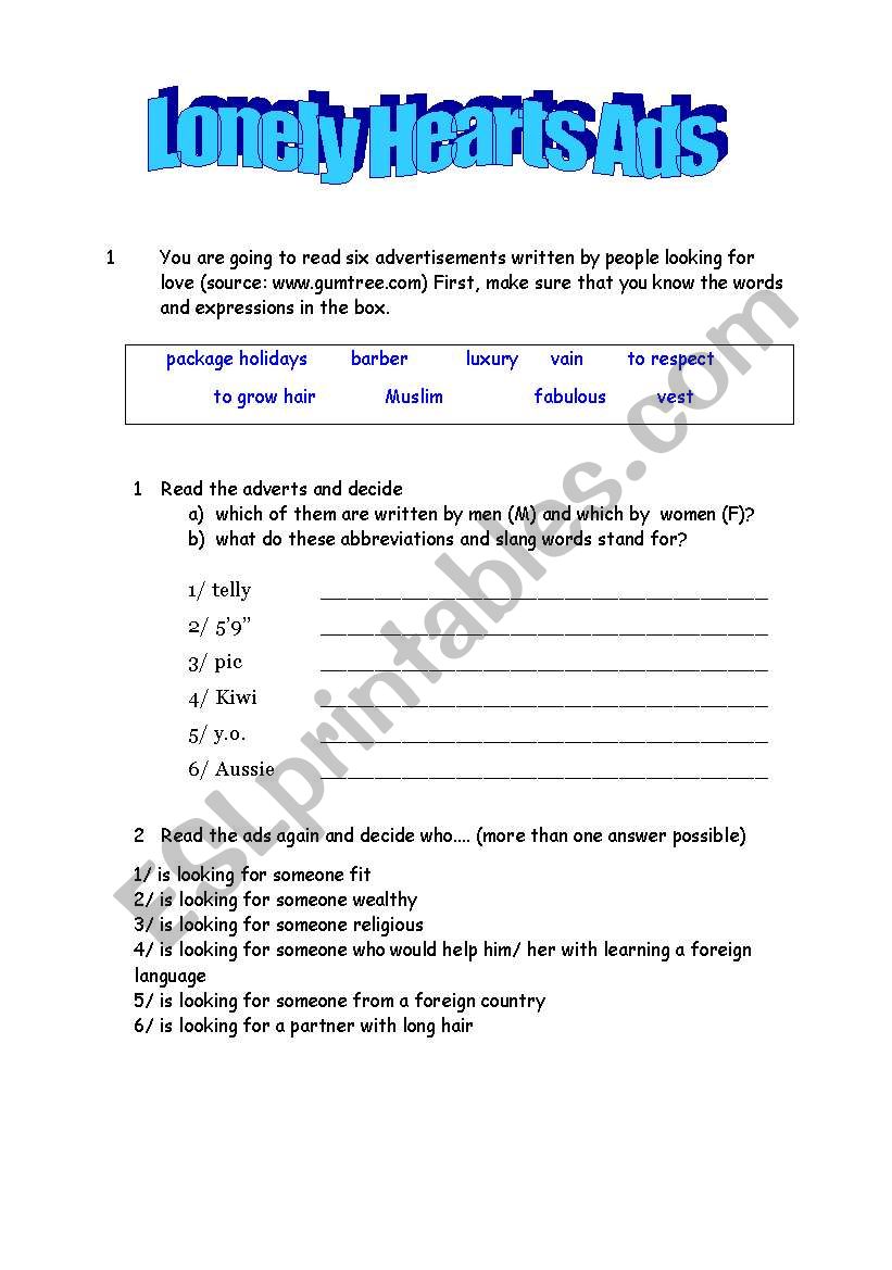Lonely Heart Ads worksheet